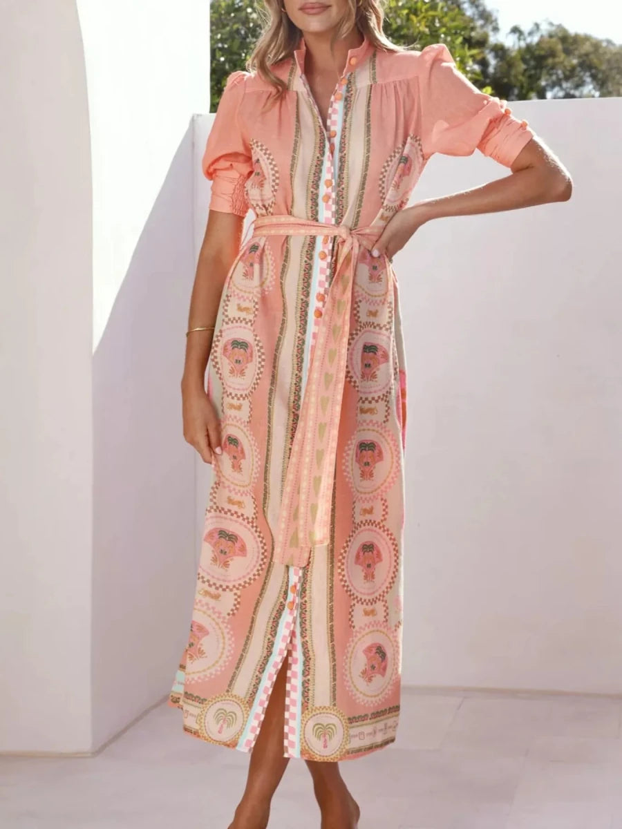 Printed Puff Sleeve Tie Waist Midi Dress - 