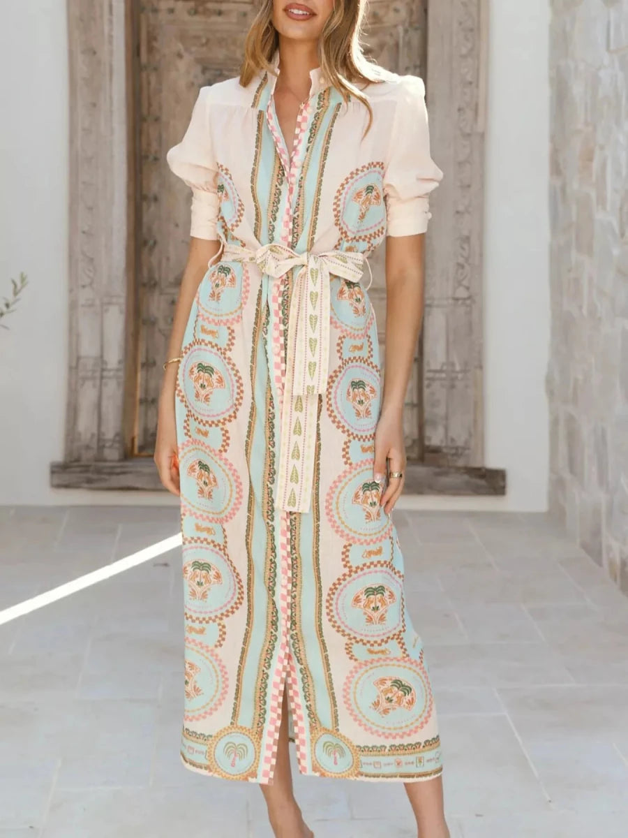 Printed Puff Sleeve Tie Waist Midi Dress - 