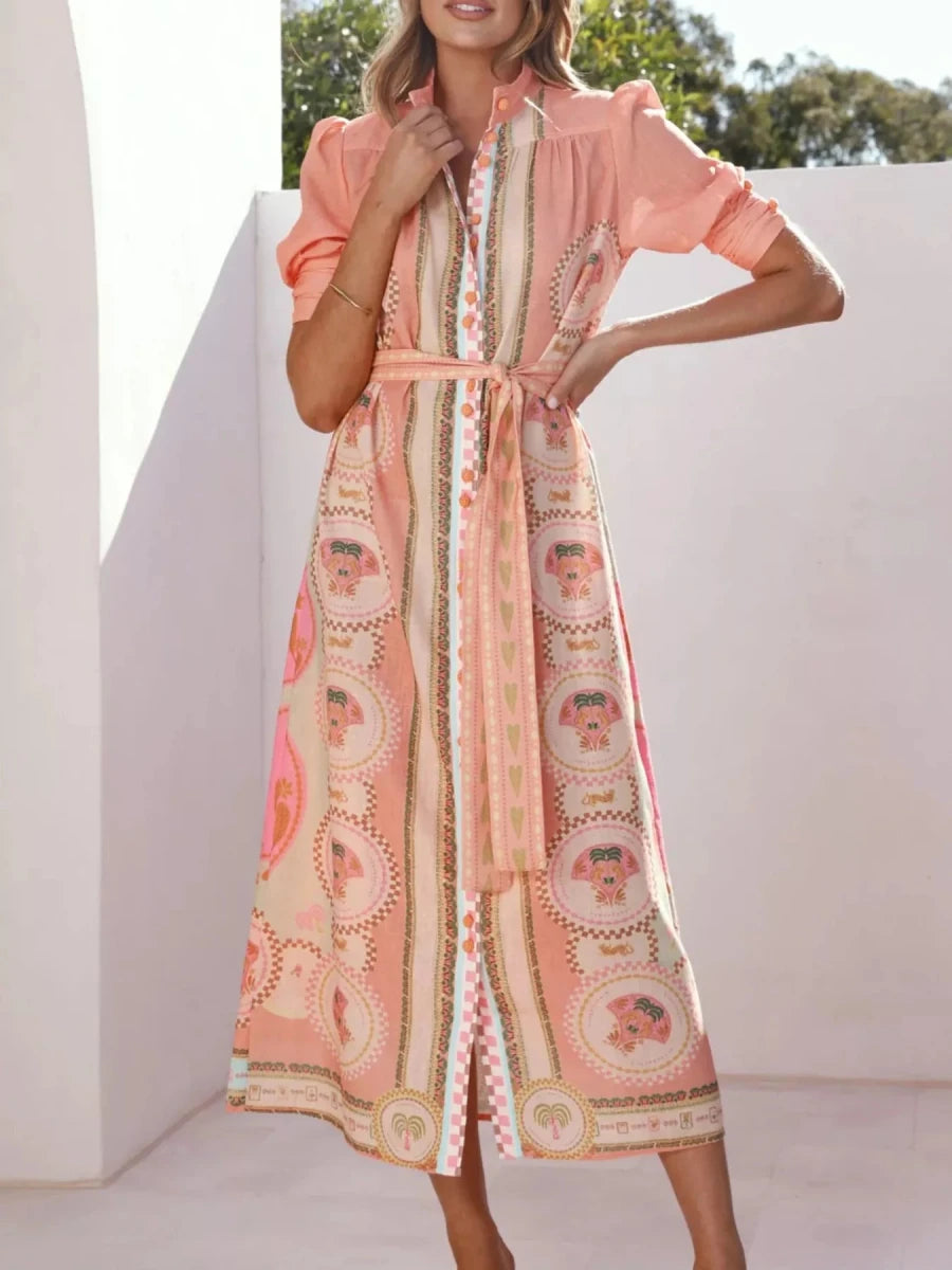 Printed Puff Sleeve Tie Waist Midi Dress - 