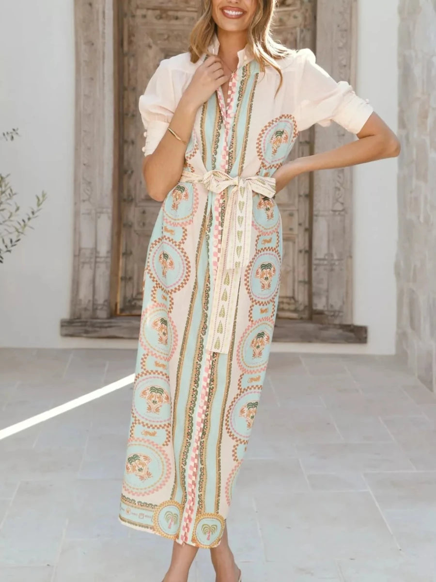Printed Puff Sleeve Tie Waist Midi Dress - 