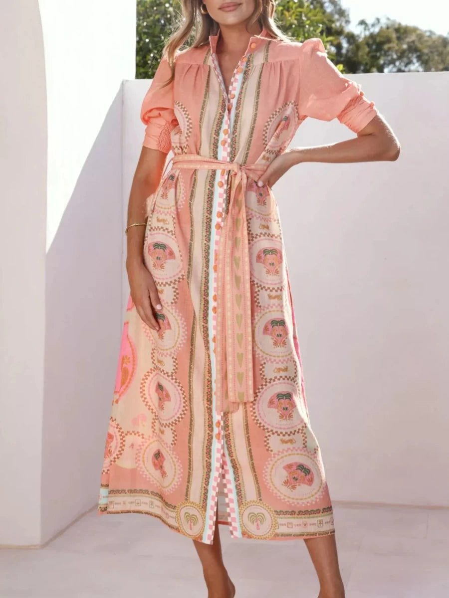 Printed Puff Sleeve Tie Waist Midi Dress - 