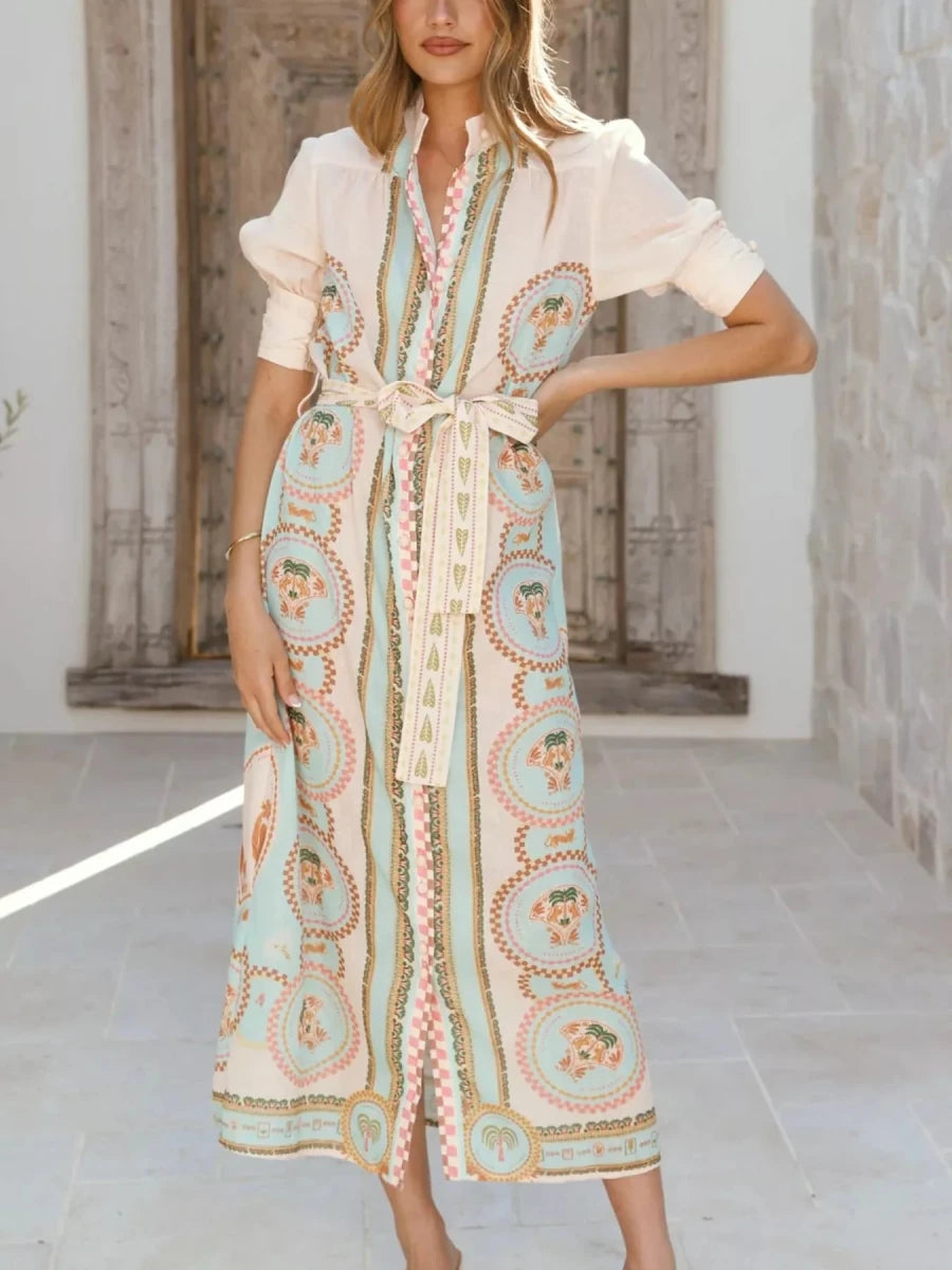 Printed Puff Sleeve Tie Waist Midi Dress - 