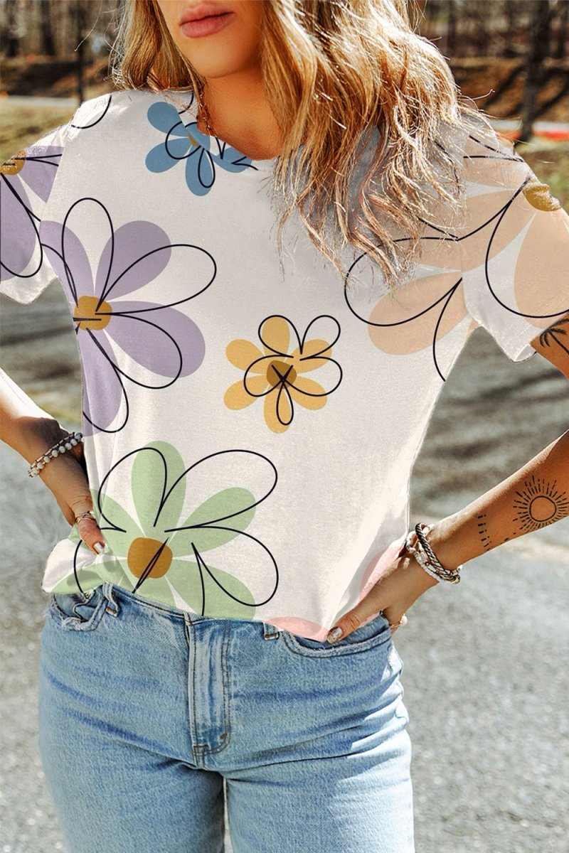 Printed Round Neck Short Sleeve T-Shirt - Top