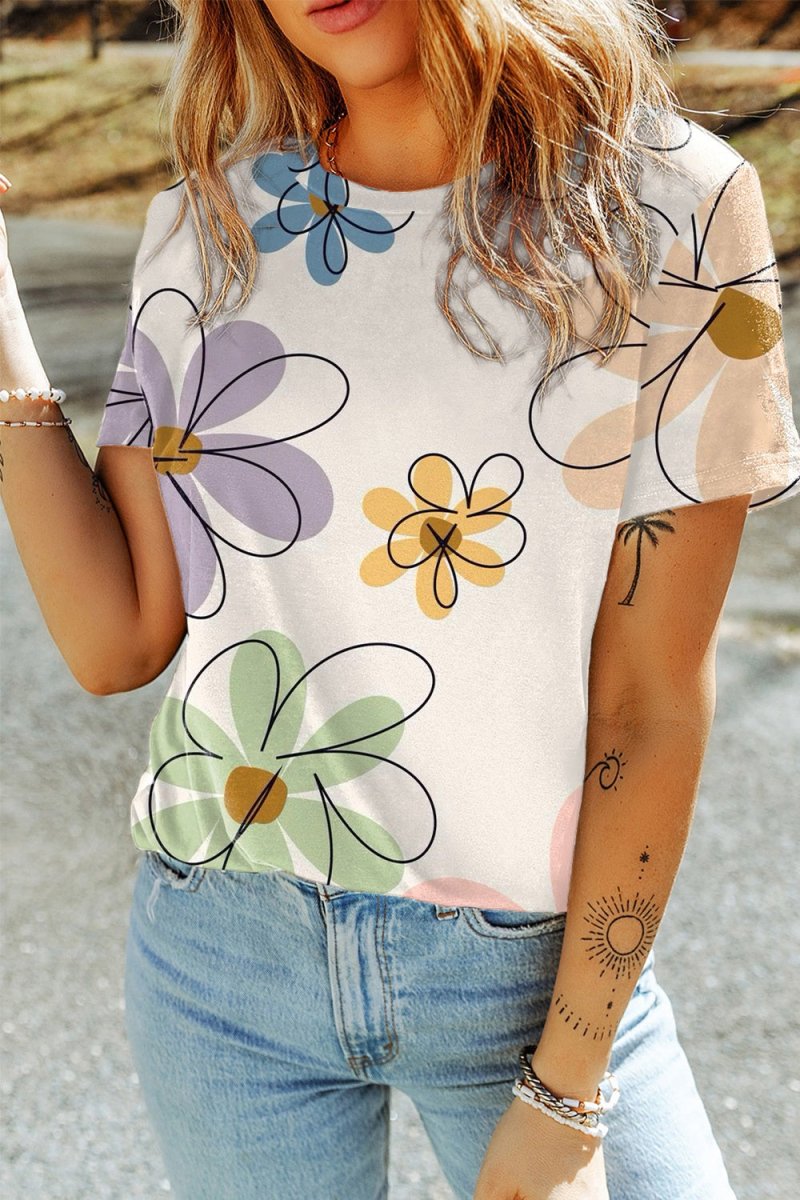 Printed Round Neck Short Sleeve T-Shirt - Top