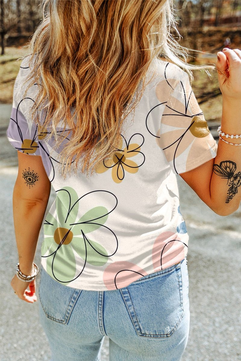 Printed Round Neck Short Sleeve T-Shirt - Top