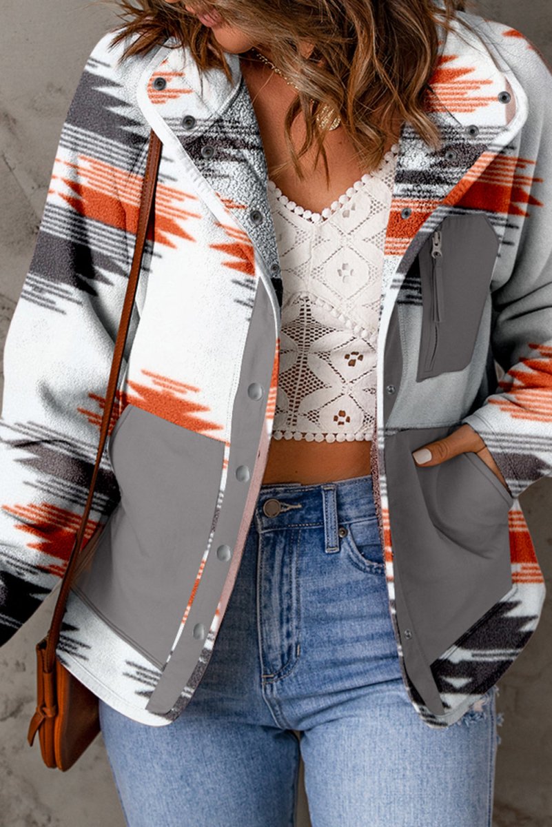 Printed Snap Down Hooded Jacket - Outerwear