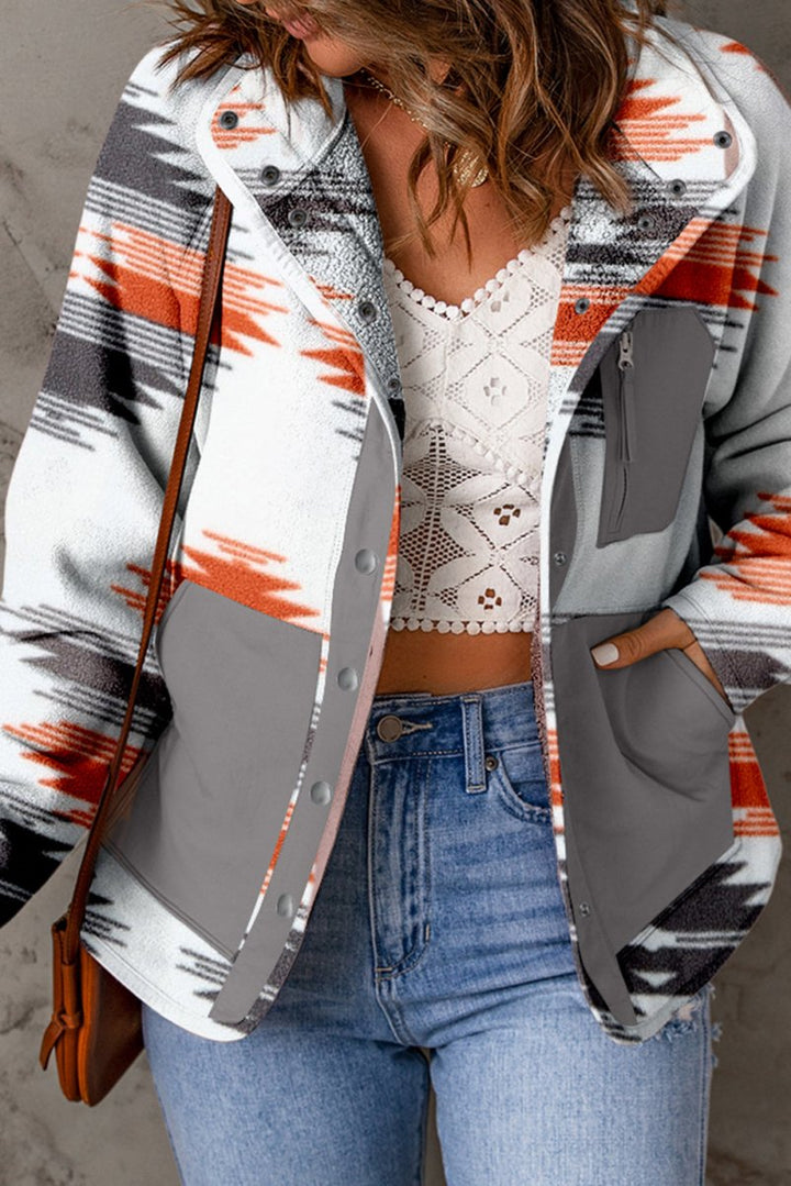 Printed Snap Down Hooded Jacket - Outerwear