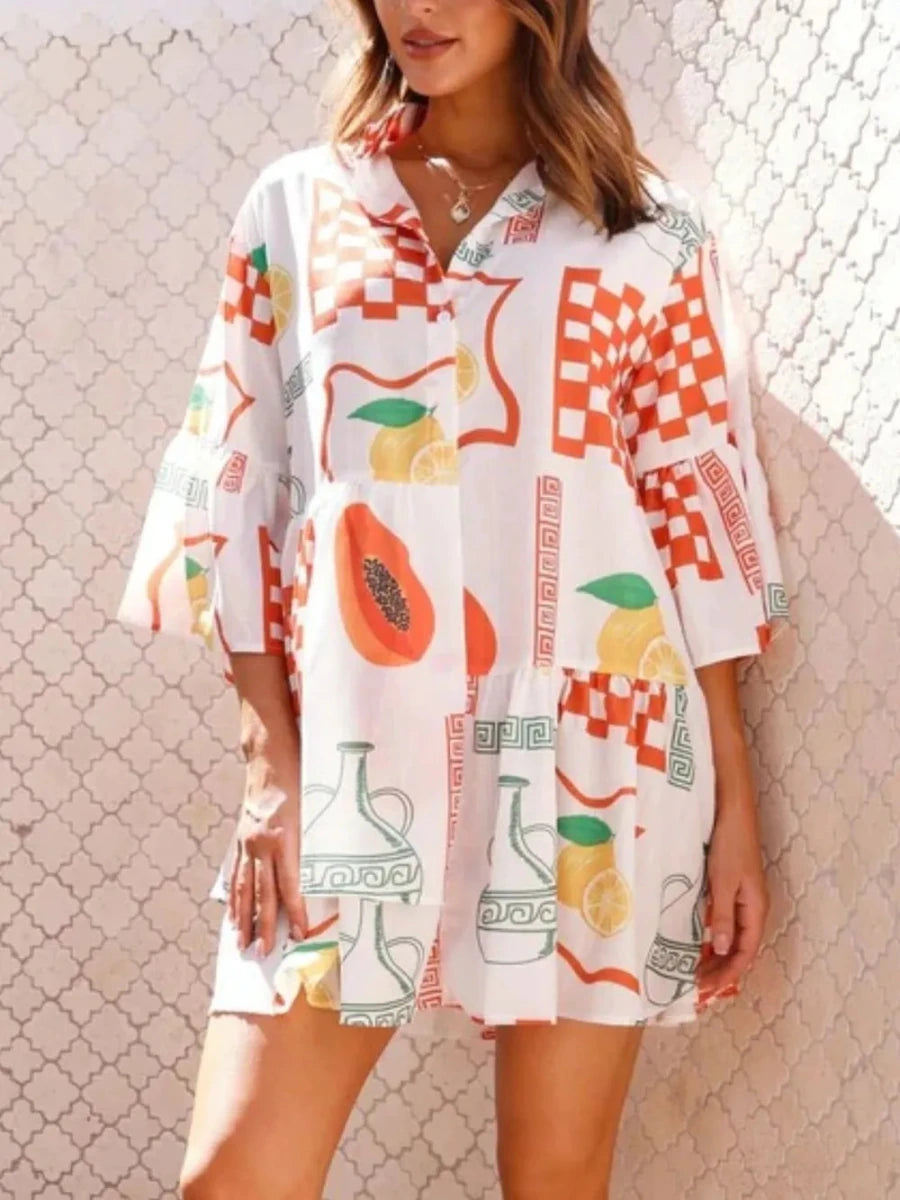 Printed Three - Quarter Sleeve Mini Dress - 
