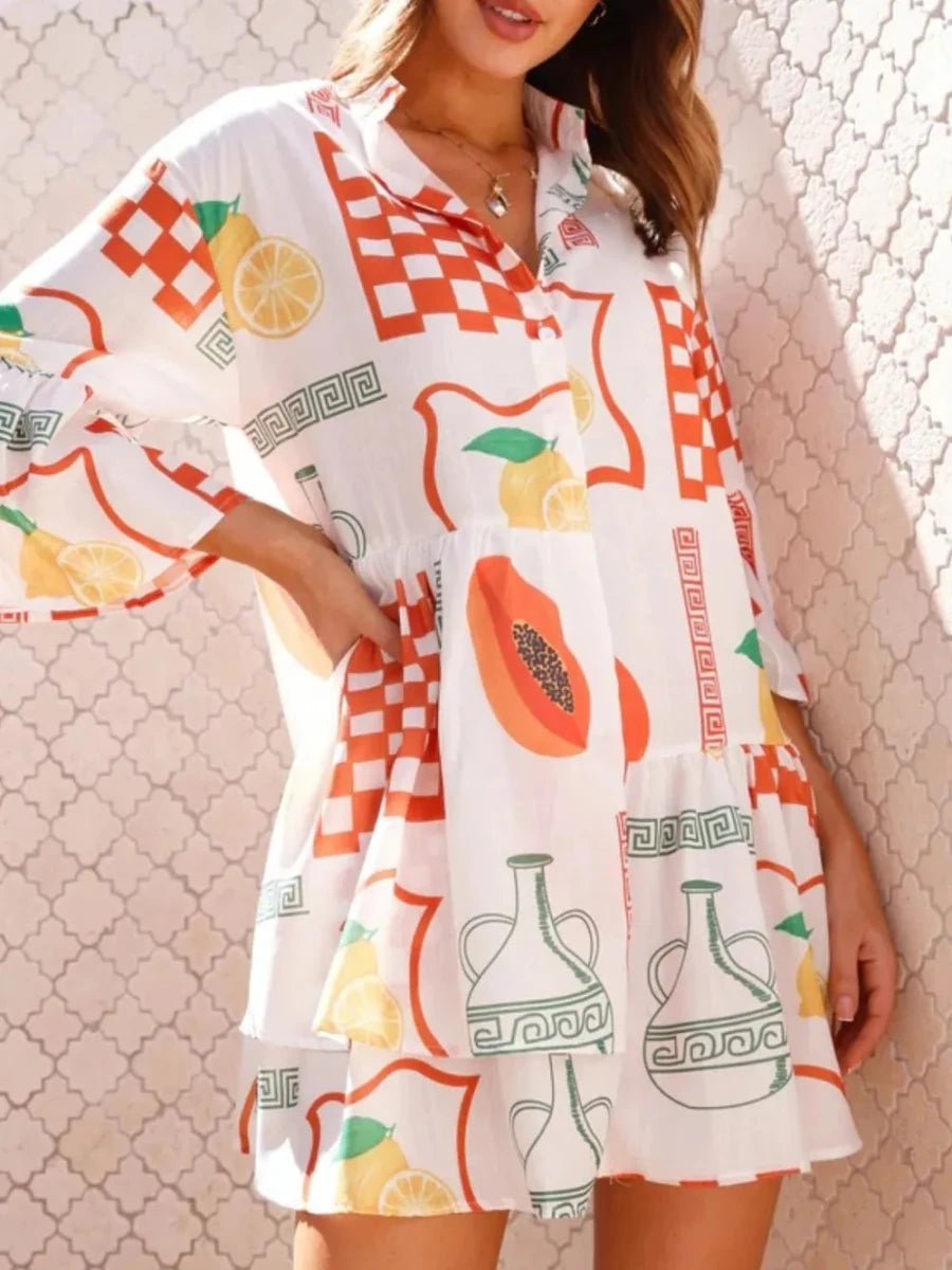 Printed Three - Quarter Sleeve Mini Dress - 
