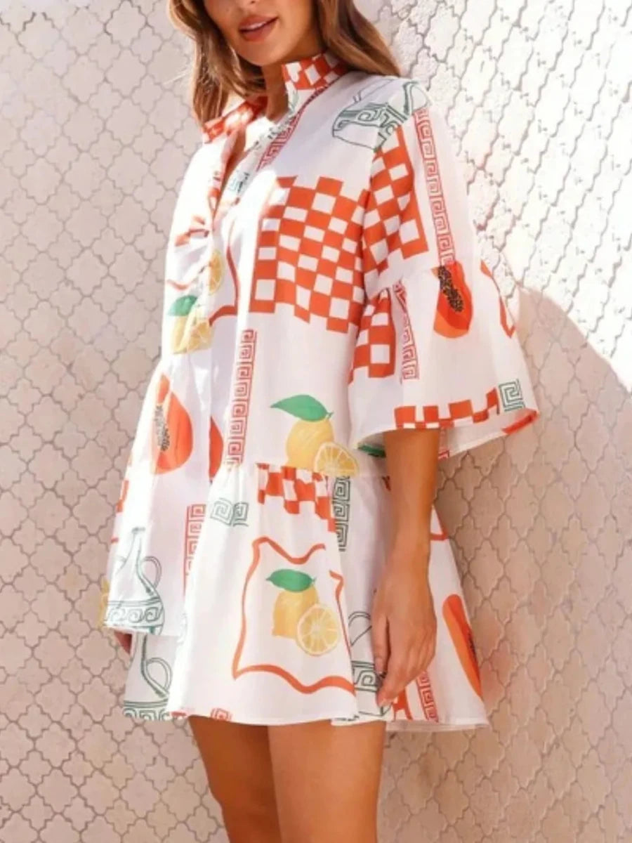 Printed Three - Quarter Sleeve Mini Dress - 