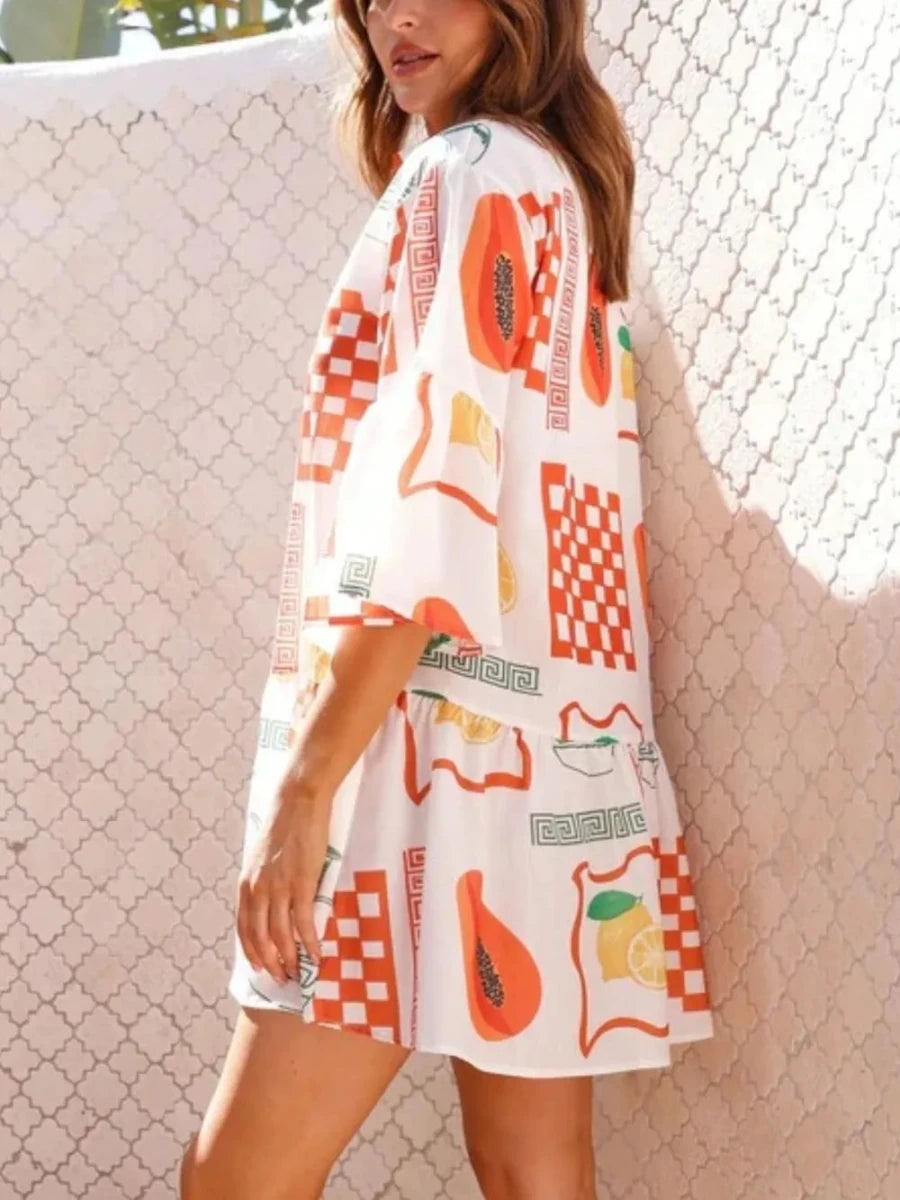 Printed Three - Quarter Sleeve Mini Dress - 