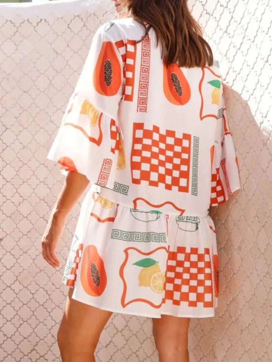 Printed Three - Quarter Sleeve Mini Dress - 