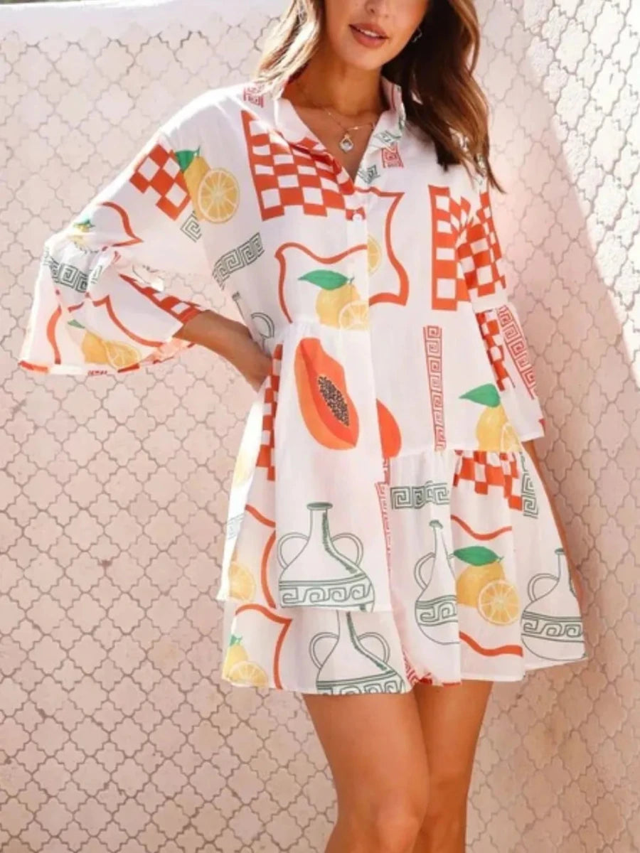 Printed Three - Quarter Sleeve Mini Dress - 