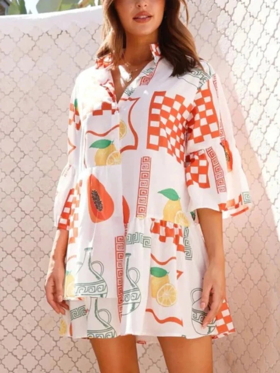 Printed Three - Quarter Sleeve Mini Dress - 