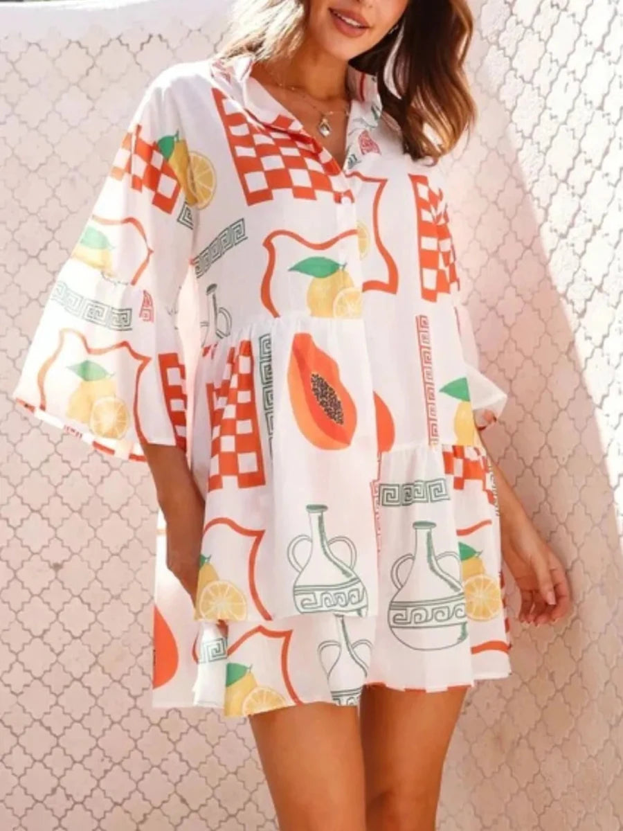 Printed Three - Quarter Sleeve Mini Dress - 
