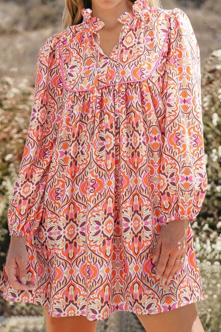 Printed Tie Neck Long Sleeve Mini Dress - New Arrivals