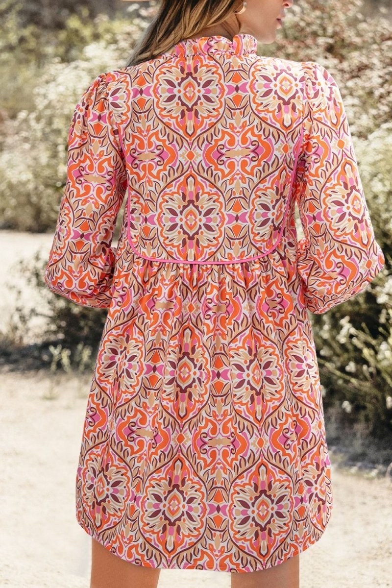 Printed Tie Neck Long Sleeve Mini Dress - New Arrivals