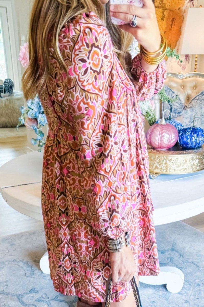 Printed Tie Neck Long Sleeve Mini Dress - New Arrivals