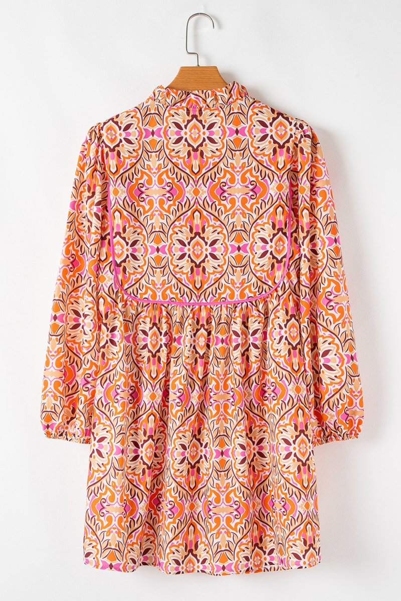 Printed Tie Neck Long Sleeve Mini Dress - New Arrivals