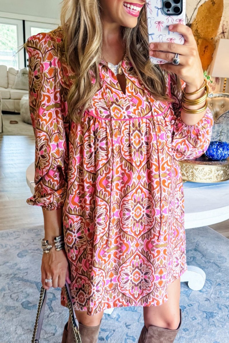 Printed Tie Neck Long Sleeve Mini Dress - New Arrivals