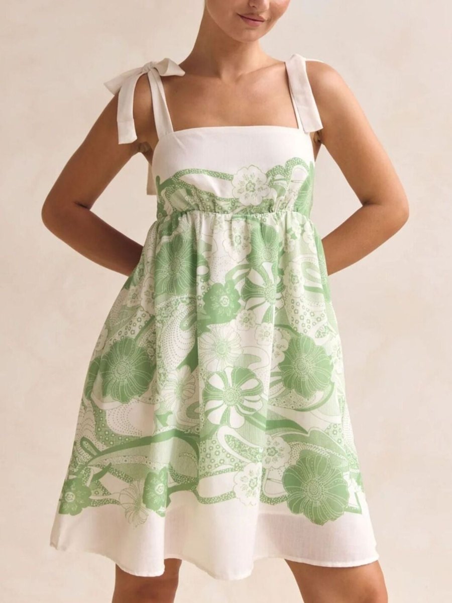 Printed Tie Shoulder Mini Dress - 