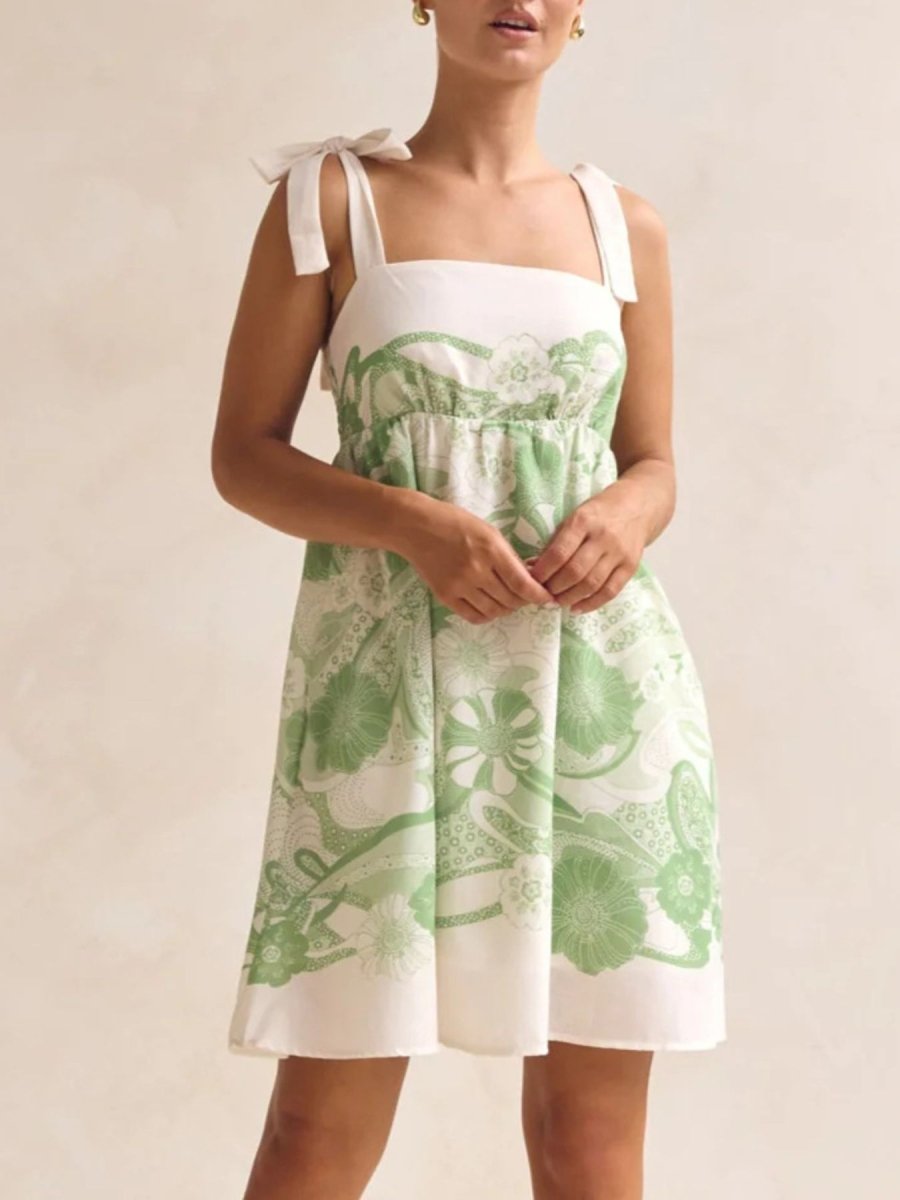 Printed Tie Shoulder Mini Dress - 