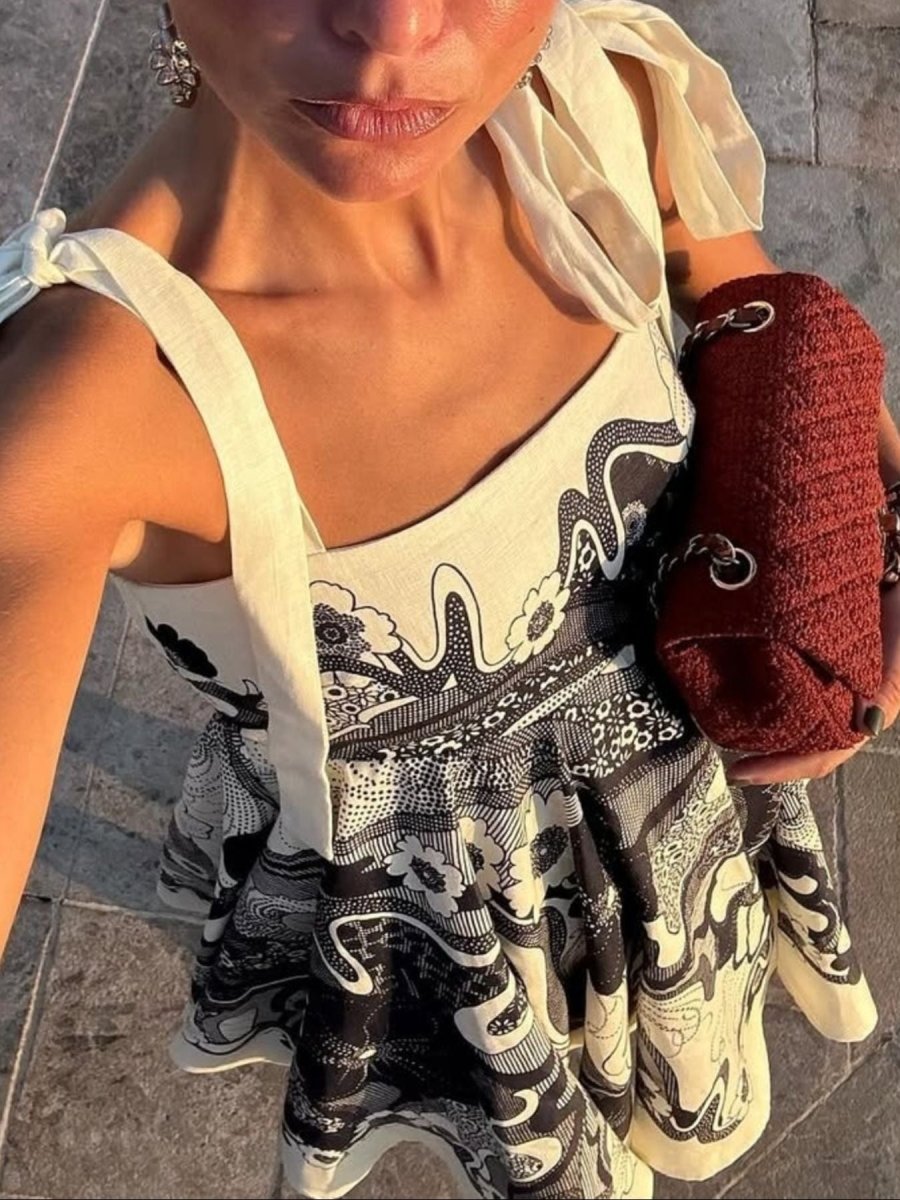 Printed Tie Shoulder Mini Dress - 