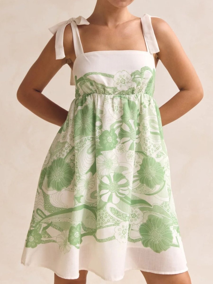 Printed Tie Shoulder Mini Dress - 