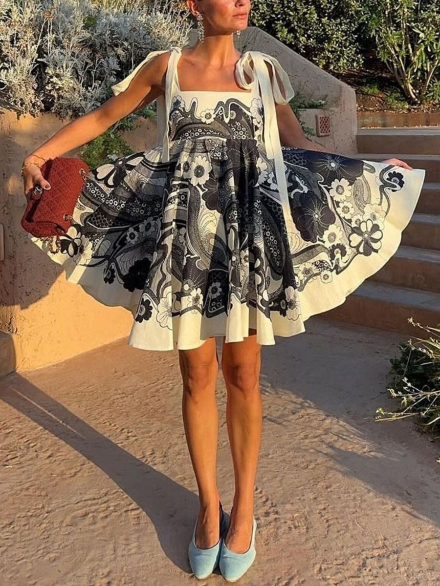 Printed Tie Shoulder Mini Dress - 