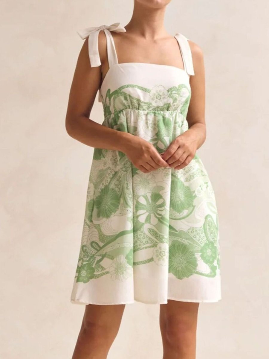 Printed Tie Shoulder Mini Dress - 
