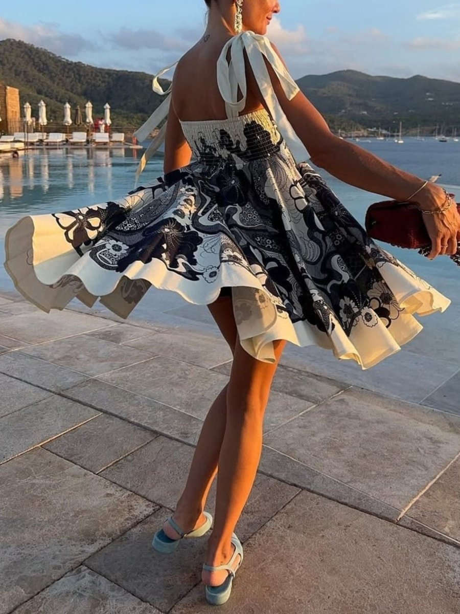 Printed Tie Shoulder Mini Dress - 