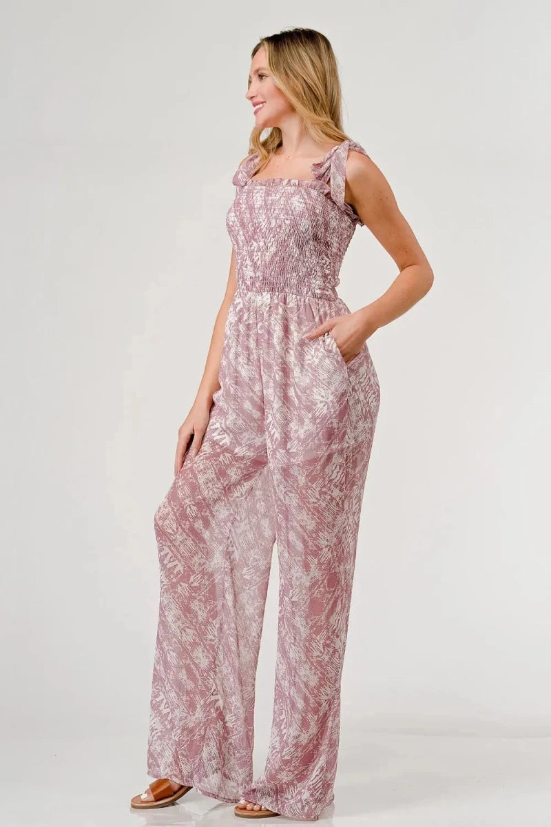 Printed Tie Shoulder Wide Leg Jumpsuit - 