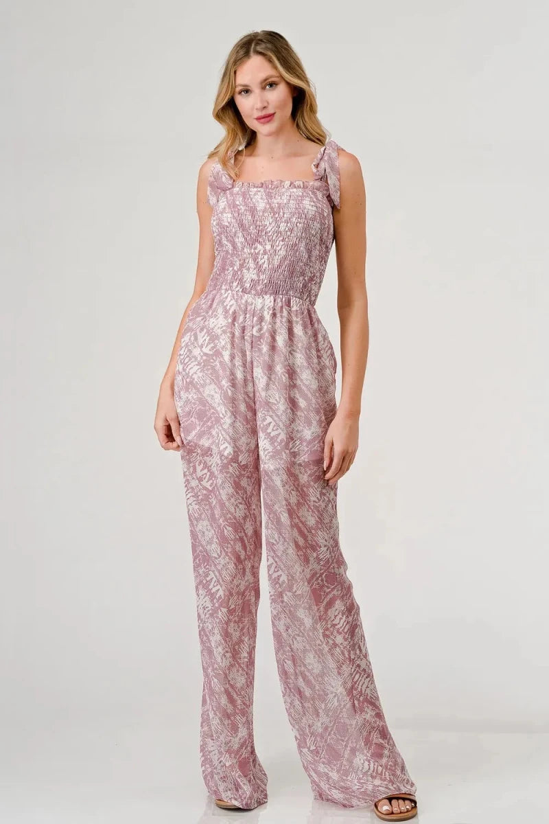 Printed Tie Shoulder Wide Leg Jumpsuit - 