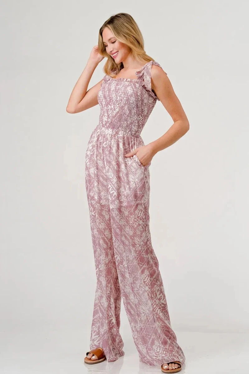 Printed Tie Shoulder Wide Leg Jumpsuit - 