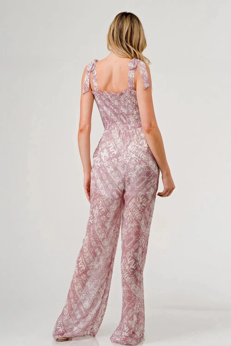 Printed Tie Shoulder Wide Leg Jumpsuit - 