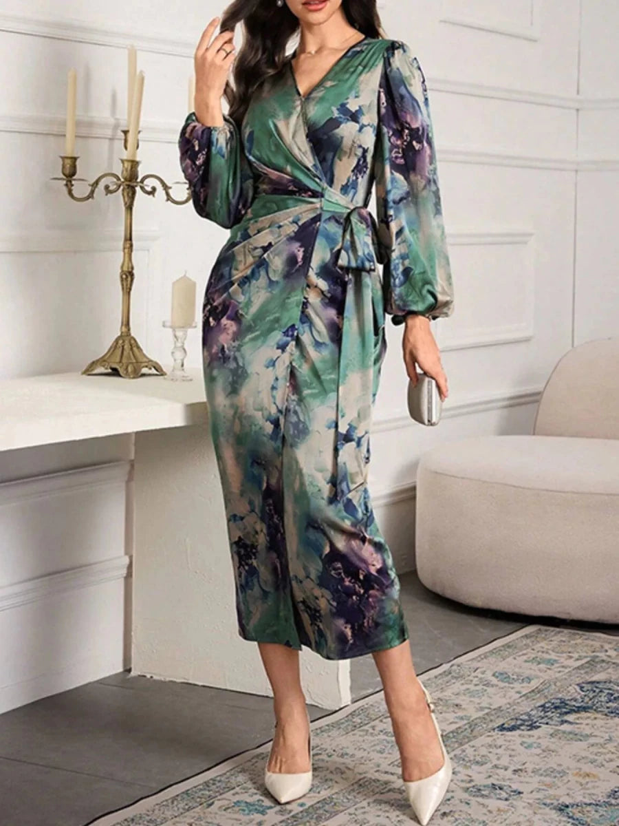 Printed Tie Waist Balloon Sleeve Dress - 