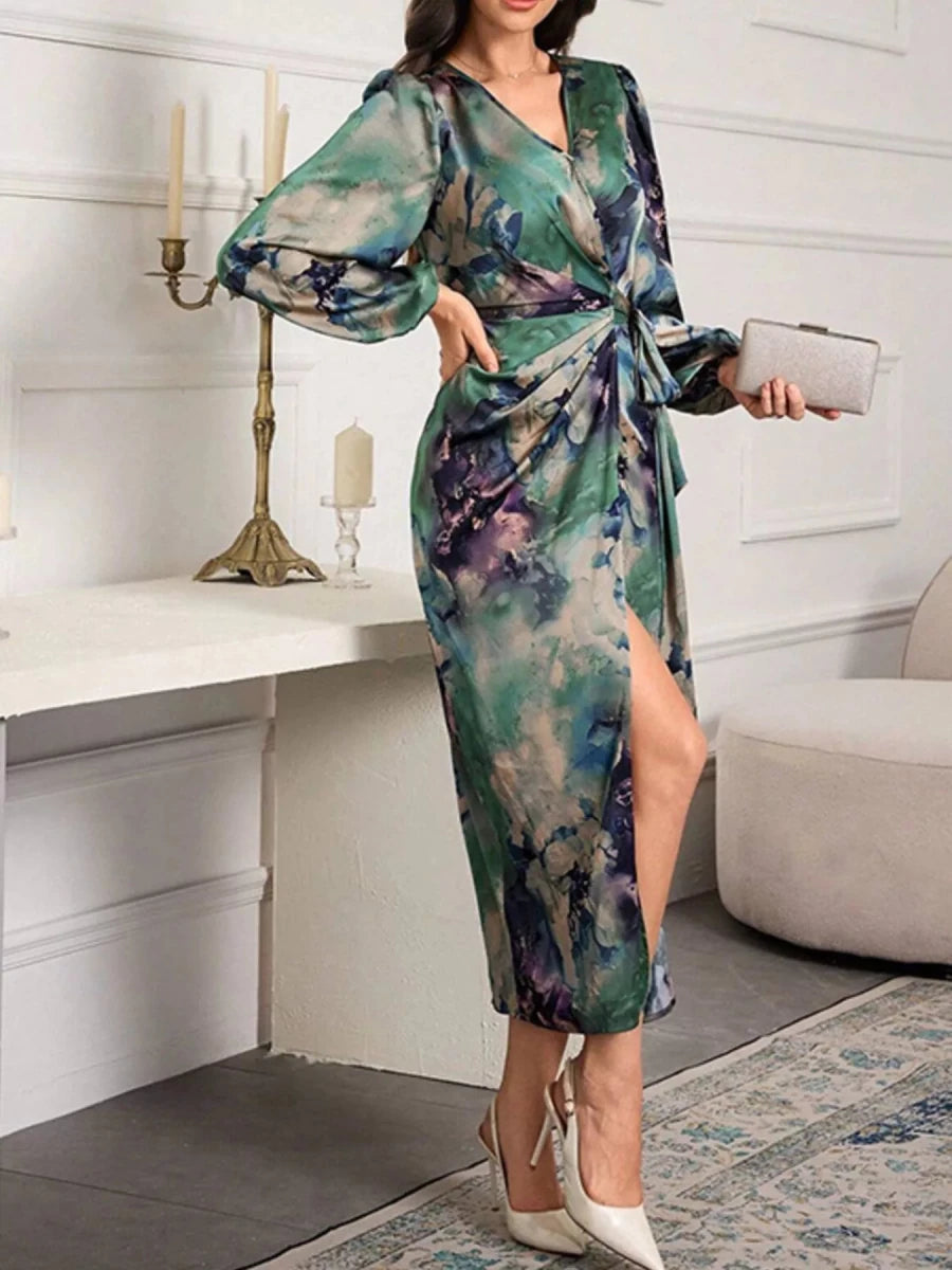 Printed Tie Waist Balloon Sleeve Dress - 
