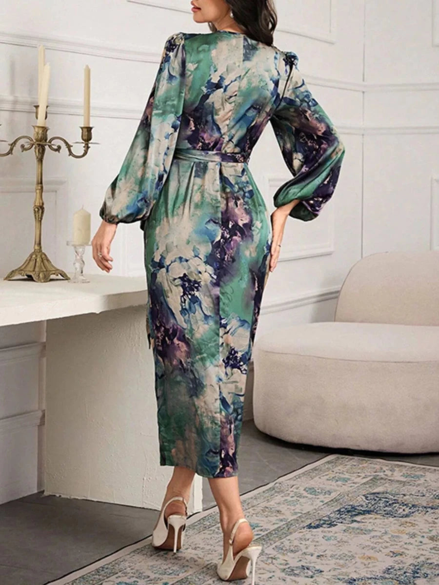 Printed Tie Waist Balloon Sleeve Dress - 
