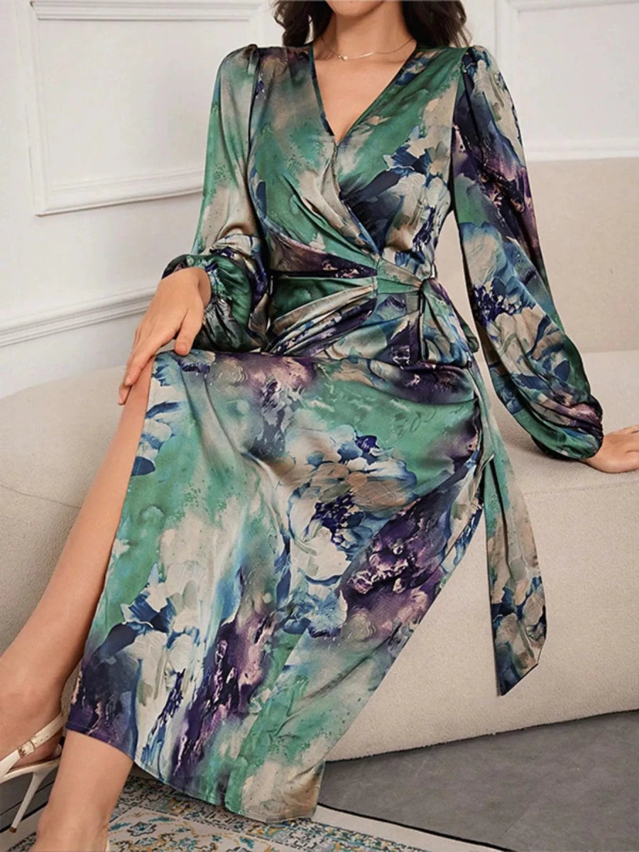 Printed Tie Waist Balloon Sleeve Dress - 
