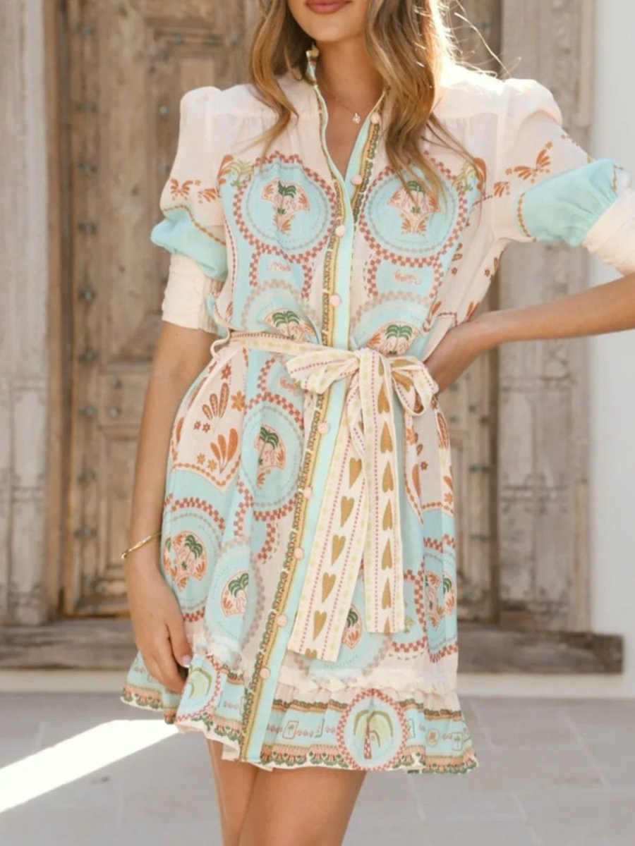 Printed Tie Waist Mini Dress - 