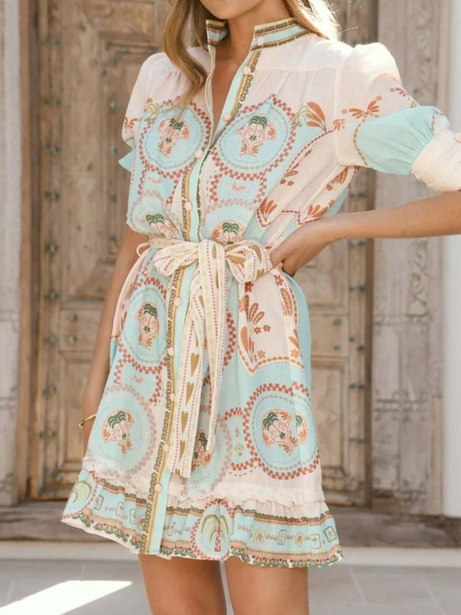 Printed Tie Waist Mini Dress - 