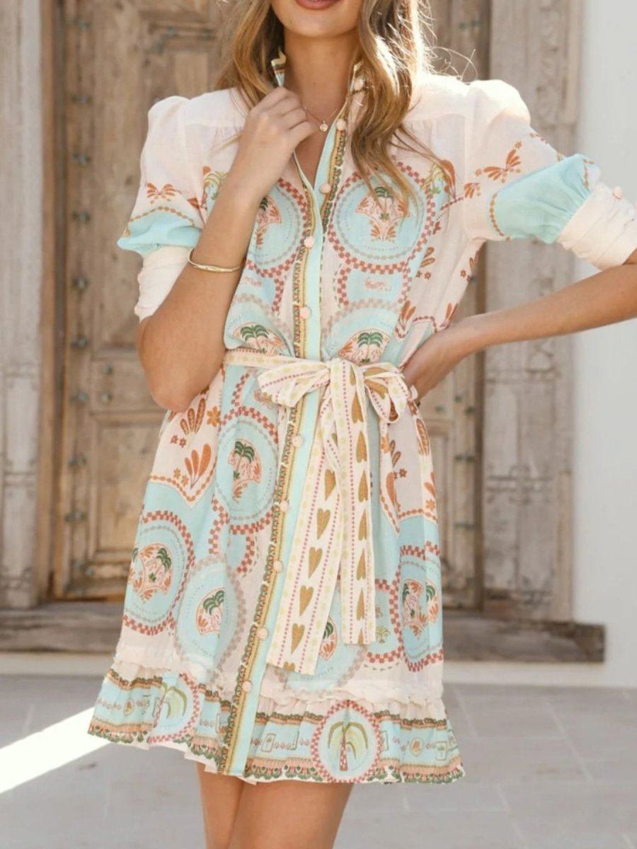 Printed Tie Waist Mini Dress - 