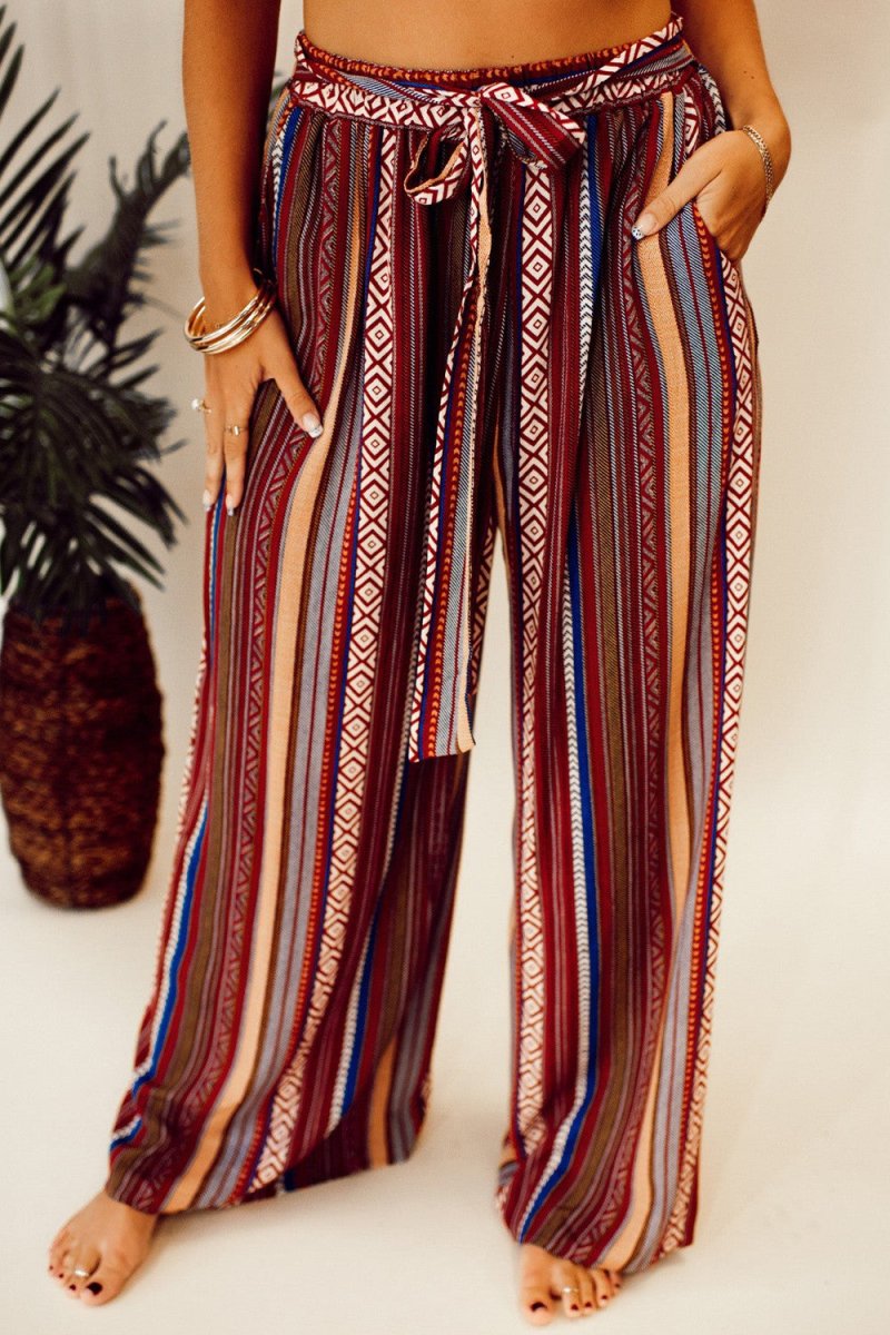 Printed Tied Wide Leg Pants - Bottoms