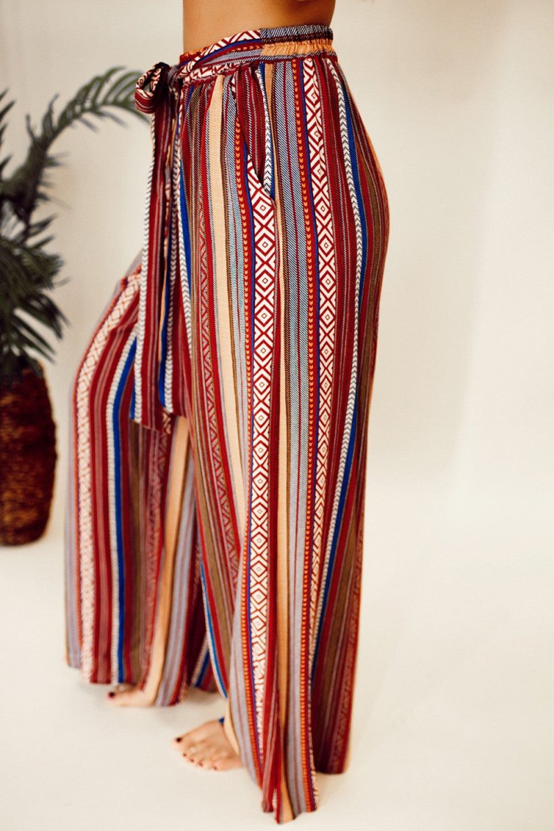 Printed Tied Wide Leg Pants - Bottoms