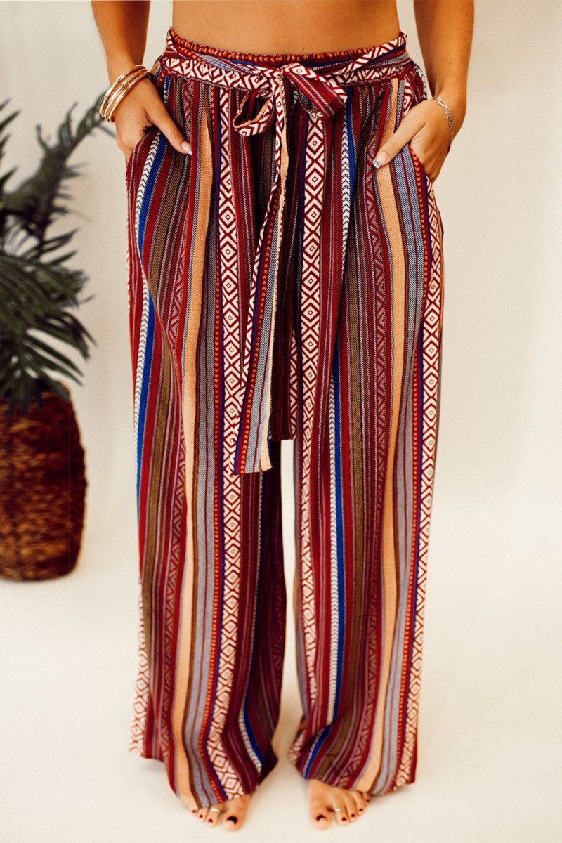 Printed Tied Wide Leg Pants - Bottoms