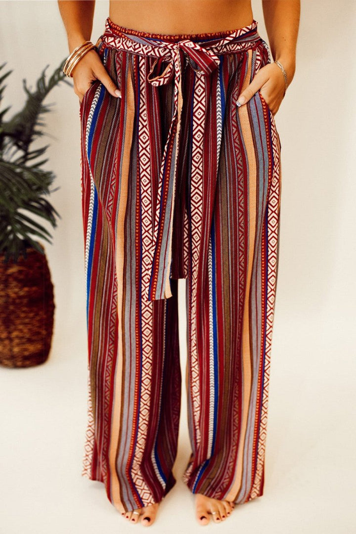 Printed Tied Wide Leg Pants - Bottoms