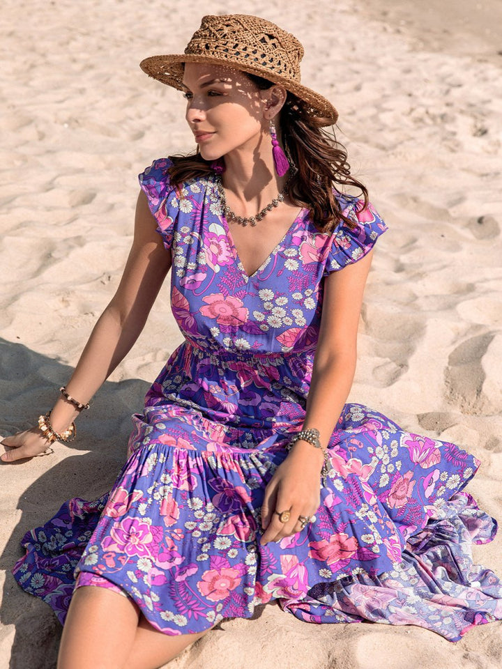 Printed V - Neck Midi Dress - Vacation Dress