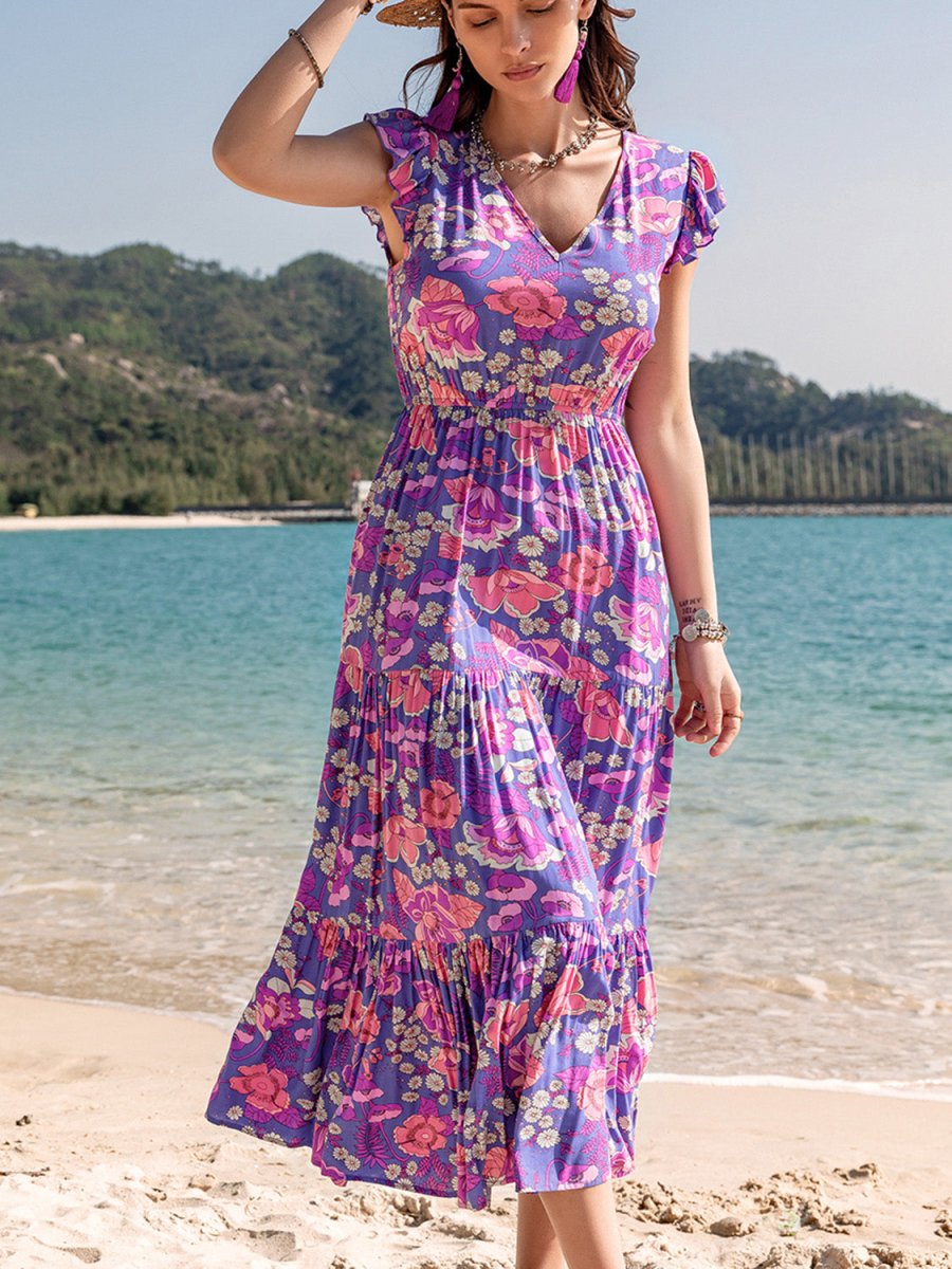 Printed V - Neck Midi Dress - Vacation Dress