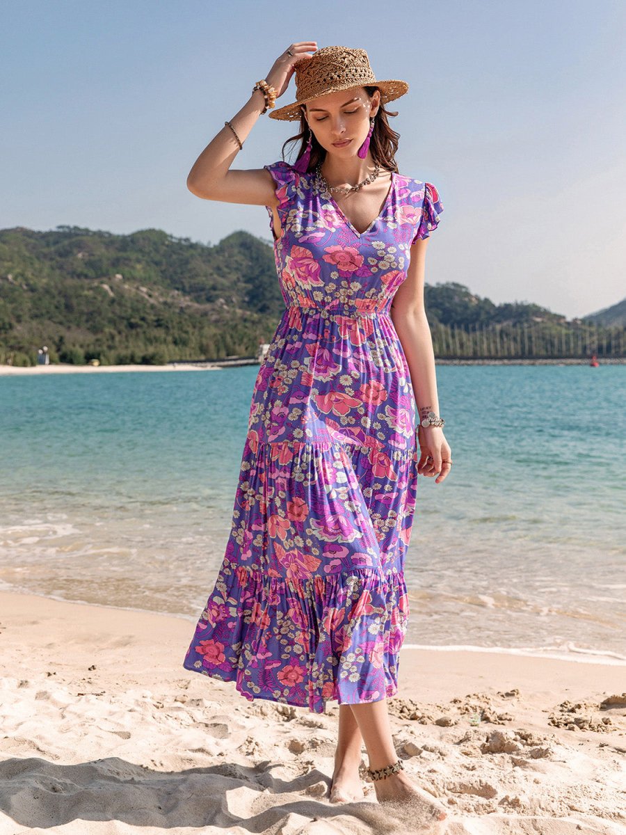 Printed V - Neck Midi Dress - Vacation Dress