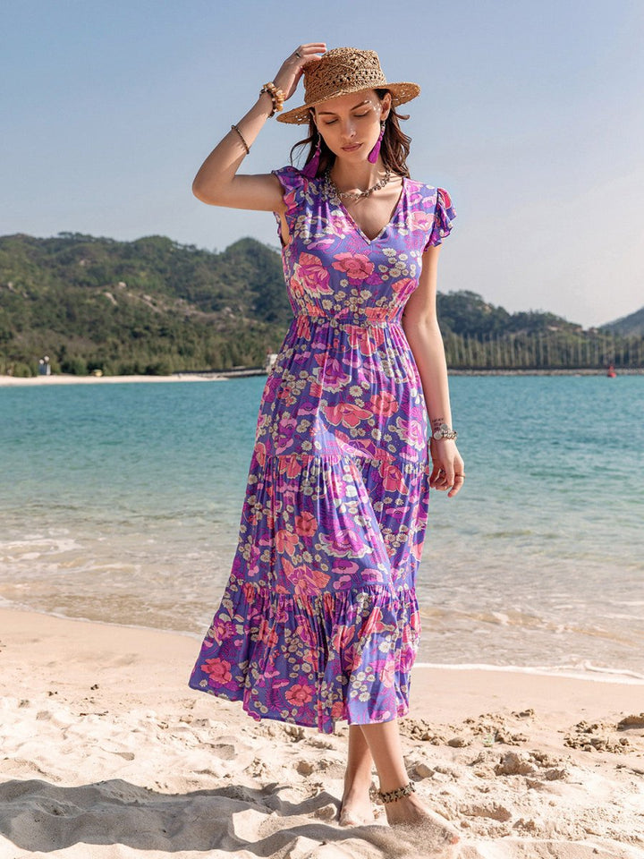 Printed V - Neck Midi Dress - Vacation Dress